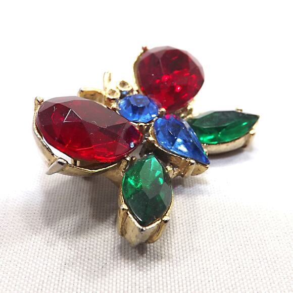 1940s Coro Butterfly Brooch Red Green Blue Rhinestone Gold Tone Vintage Jewelry - Picture 7 of 10